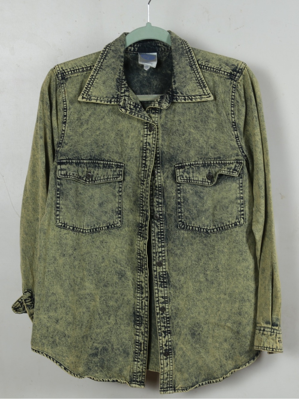 Diane Gilman Distressed Olive-Green Button-Front Shirt Jacket